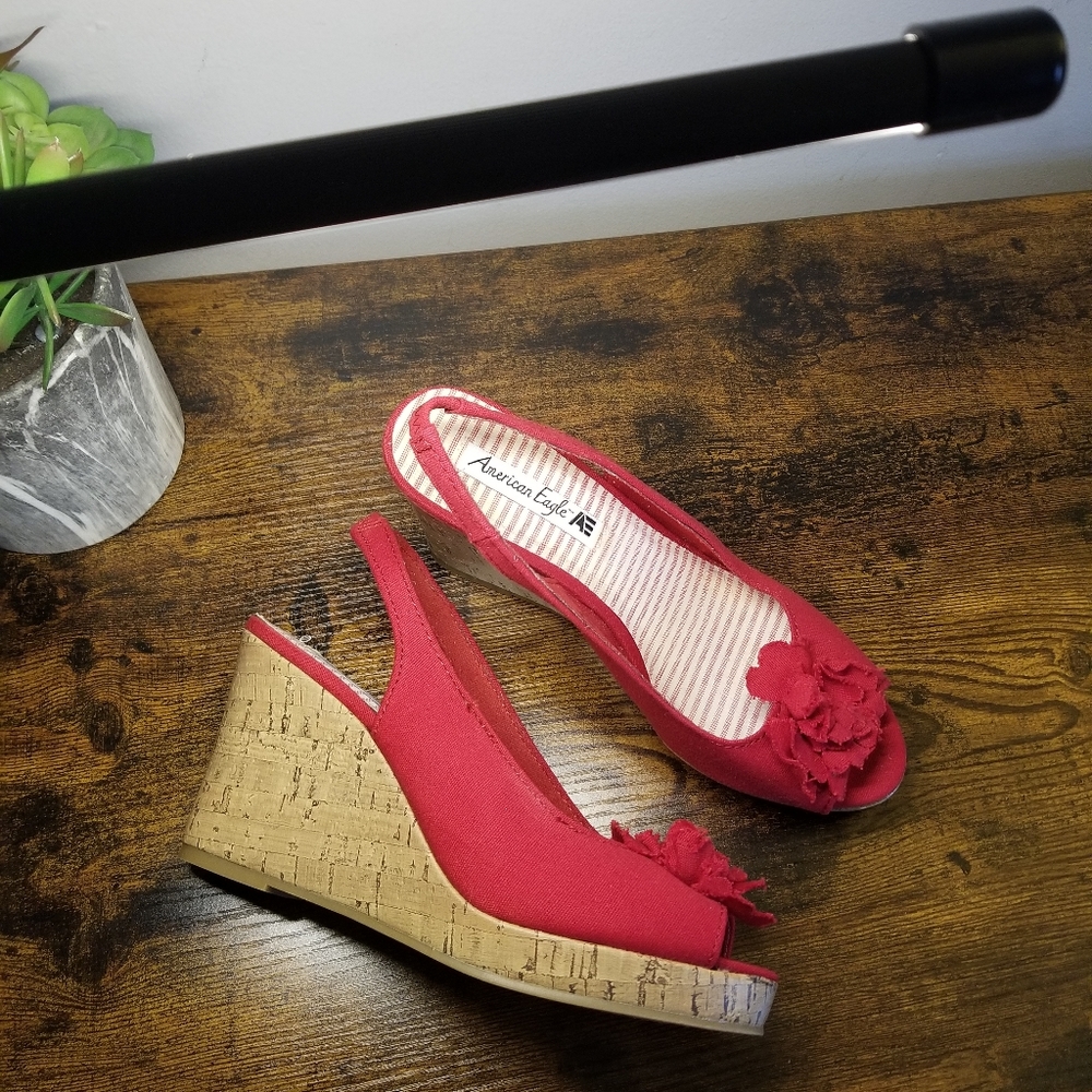 American Eagle red open toe wedge sandal